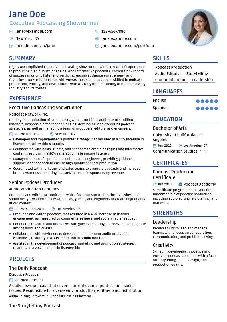 Executive Podcasting Showrunner resume example