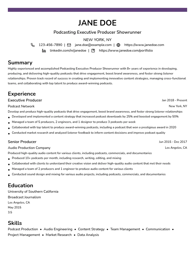 Podcasting Executive Producer Showrunner resume example