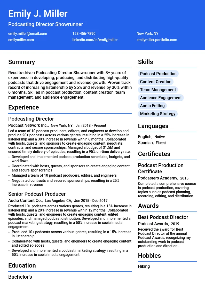 Podcasting Director Showrunner resume example