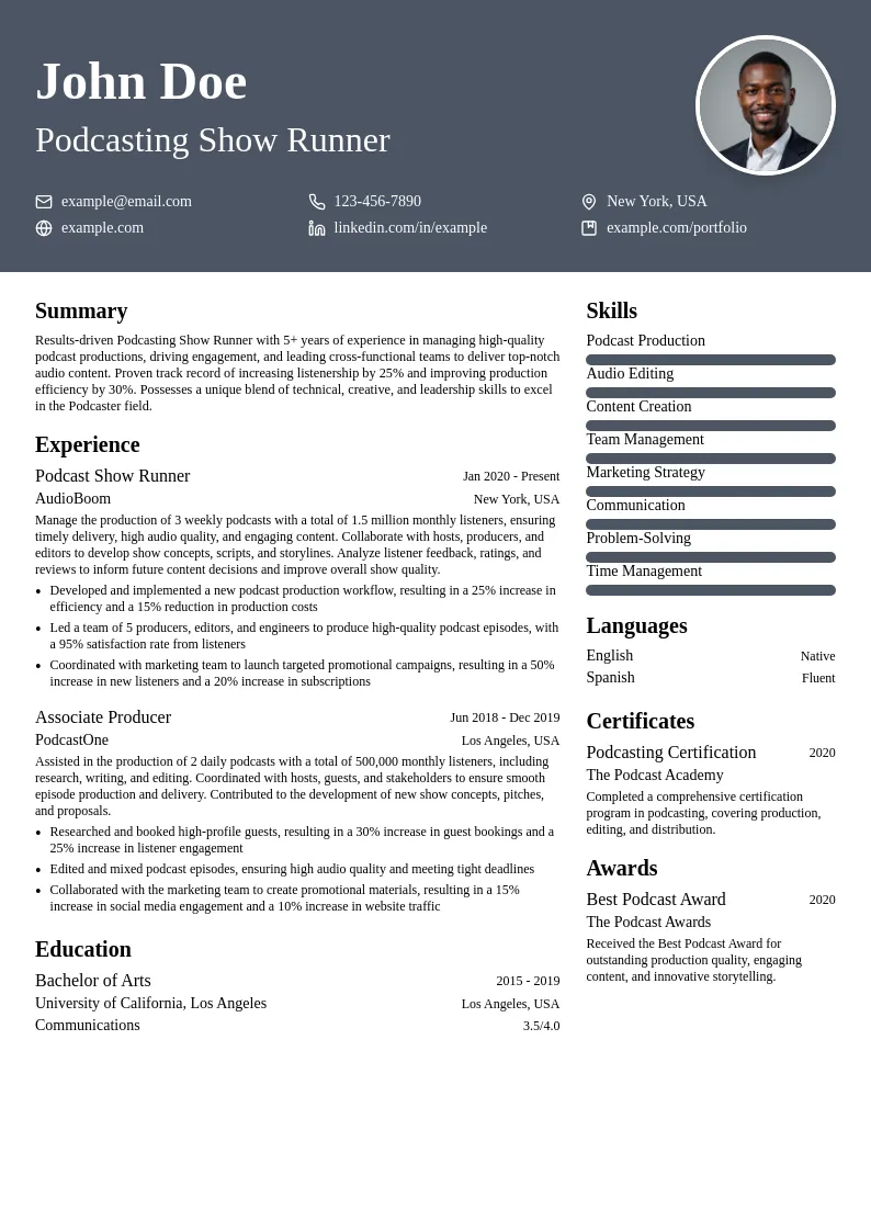 Podcasting Show Runner Showrunner resume example