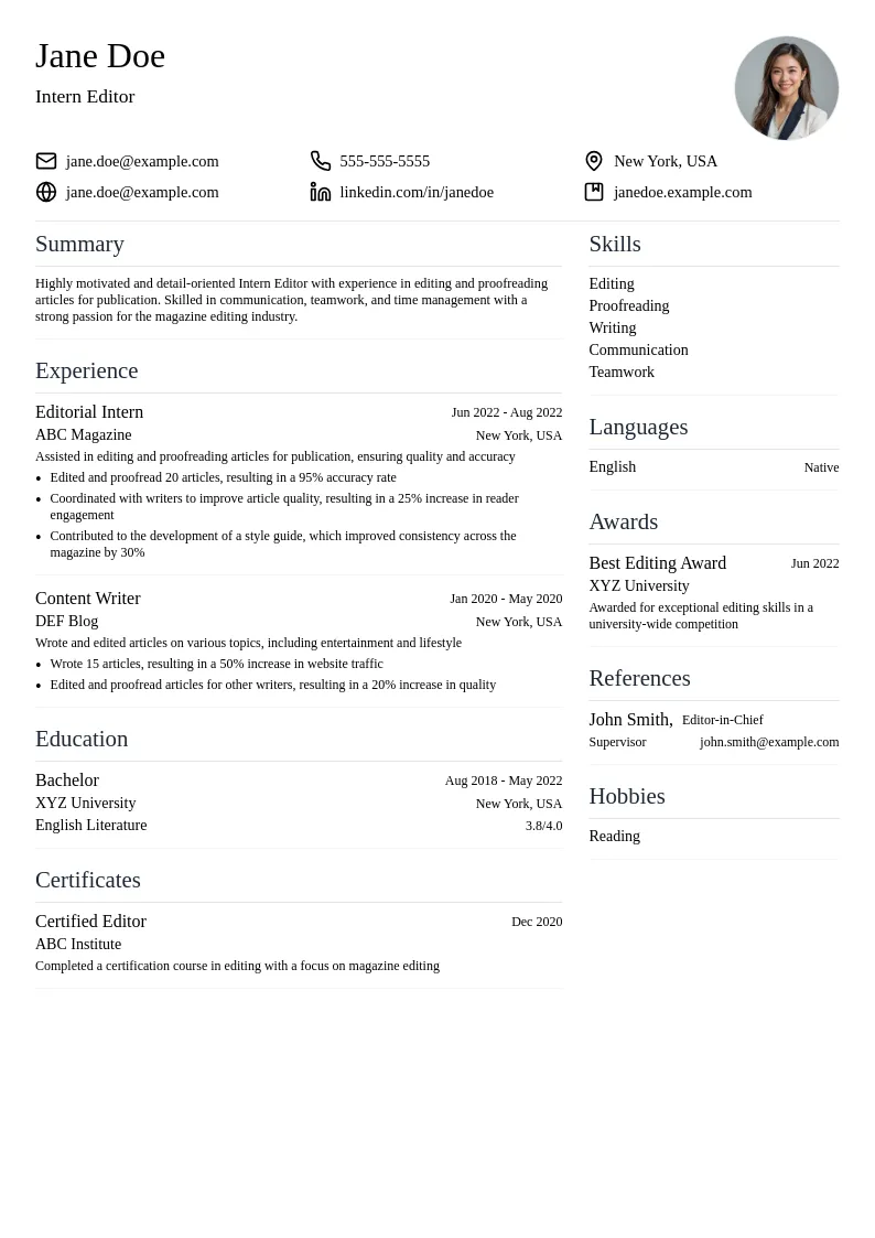 Intern Editor resume example