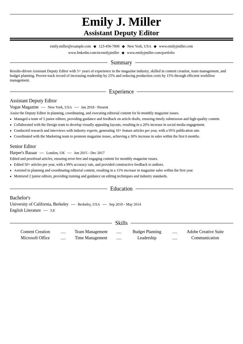 Assistant Deputy Editor resume example