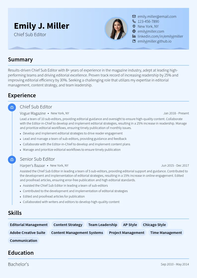  Chief Sub Editor resume example