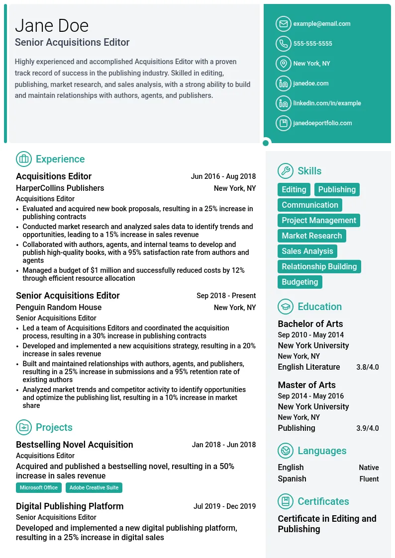 Acquisitions Editor resume example