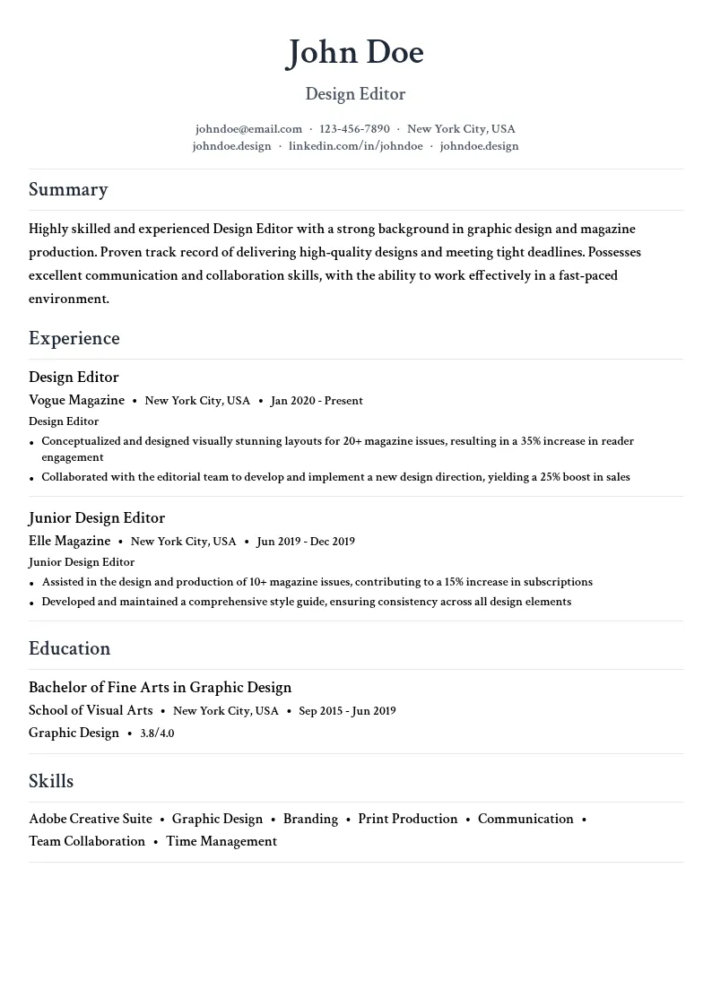 Design Editor resume example