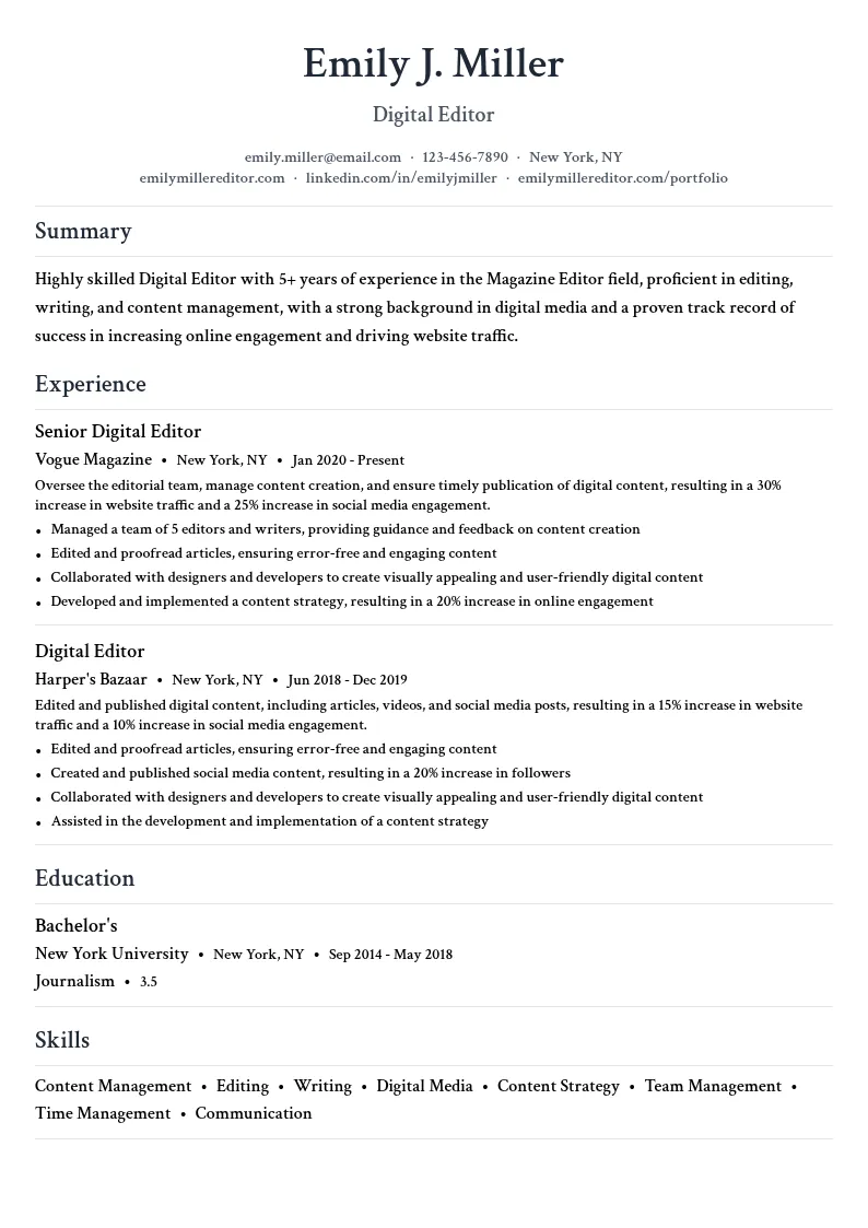 Digital Editor resume example