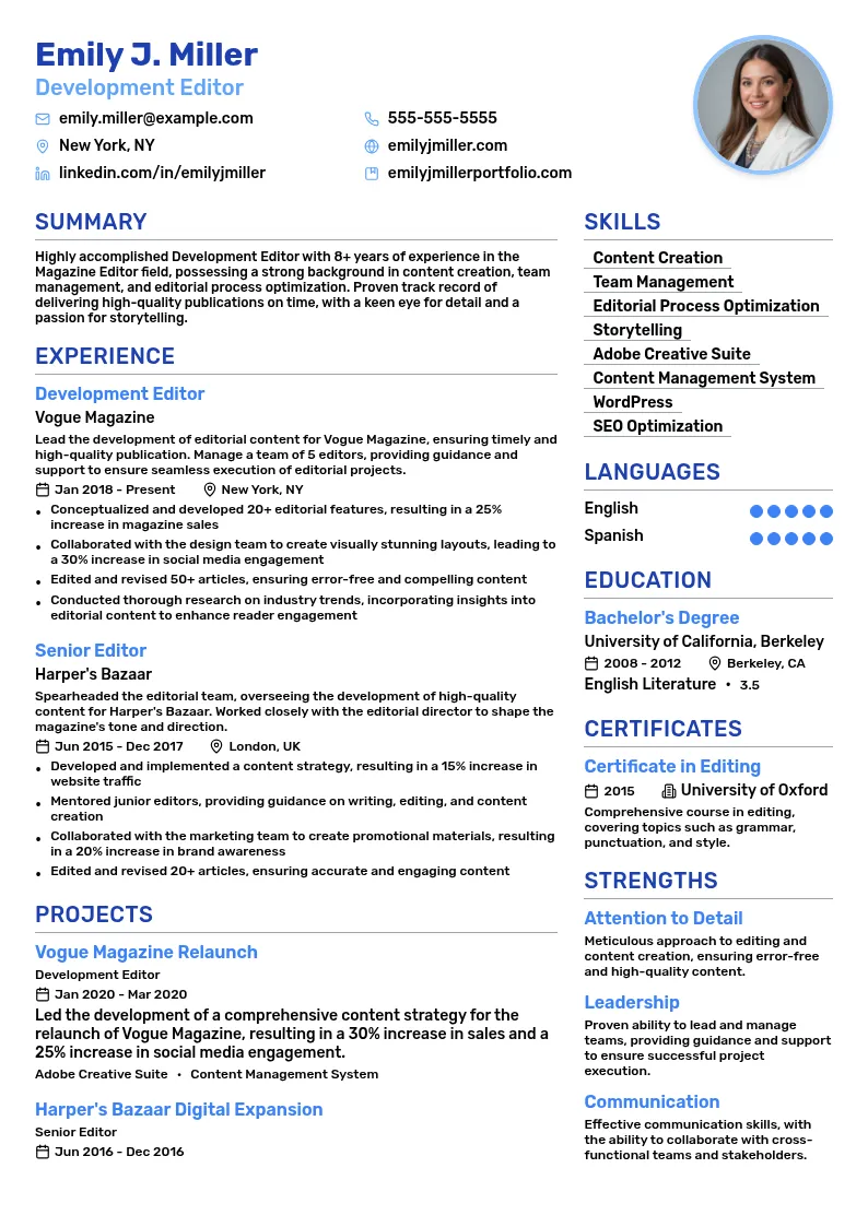 Development Editor resume example