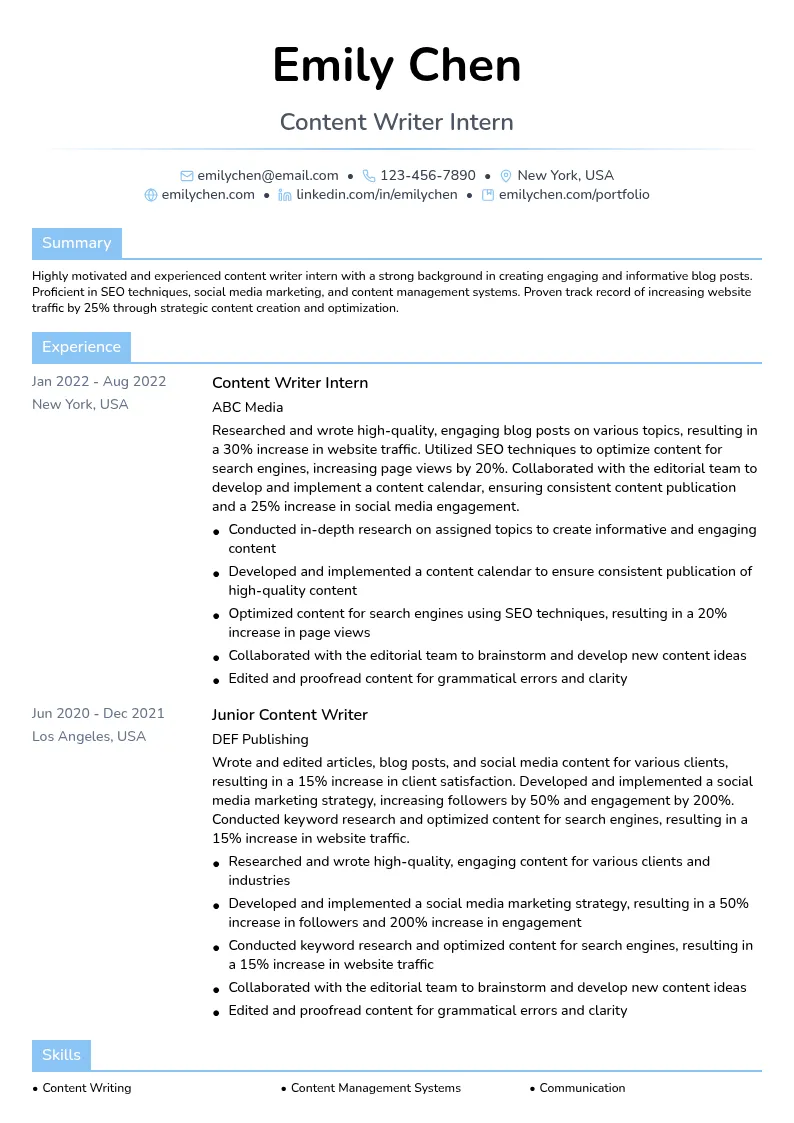 Content Writer Intern resume example