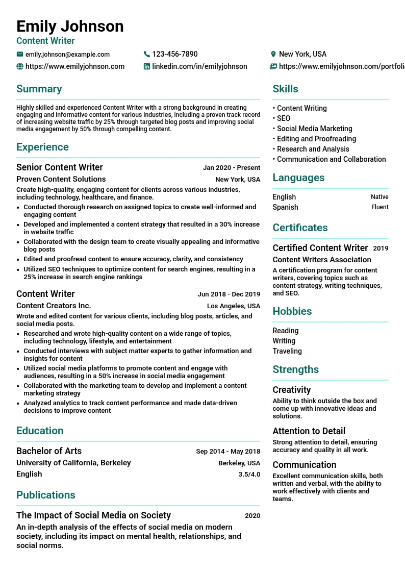 Content Writer resume example