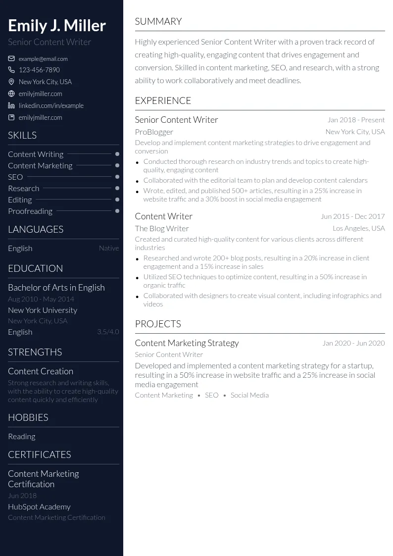 Senior Content Writer resume example