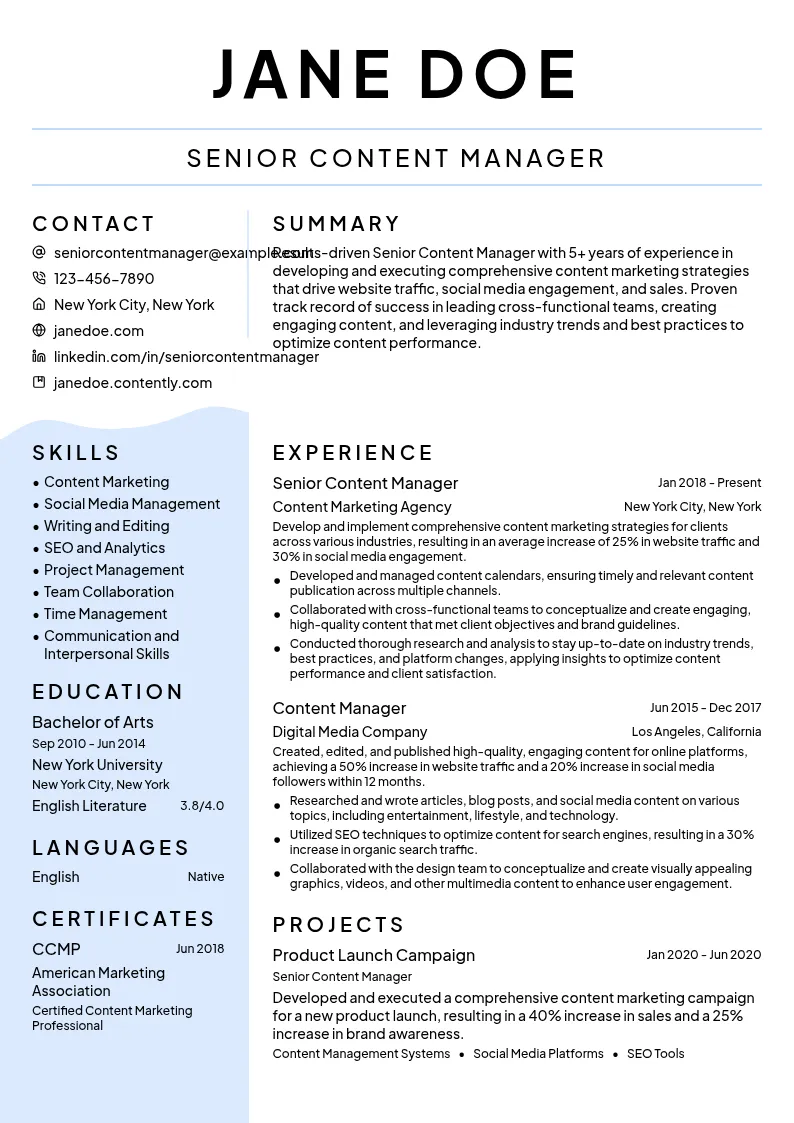 Senior Content Manager resume example