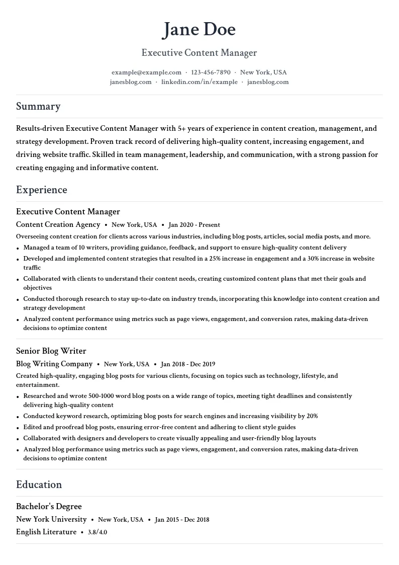 Executive Content Manager resume example
