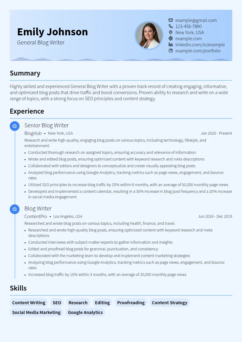 General Blog Writer resume example