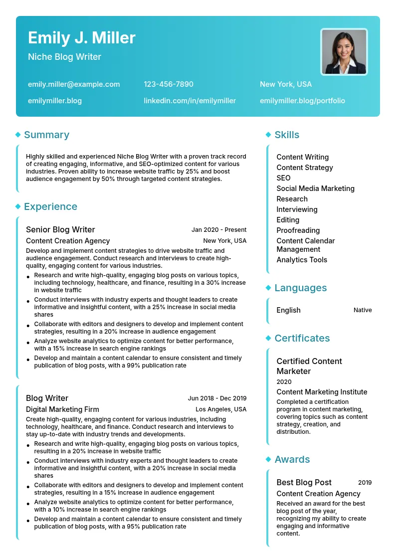 Niche Blog Writer resume example