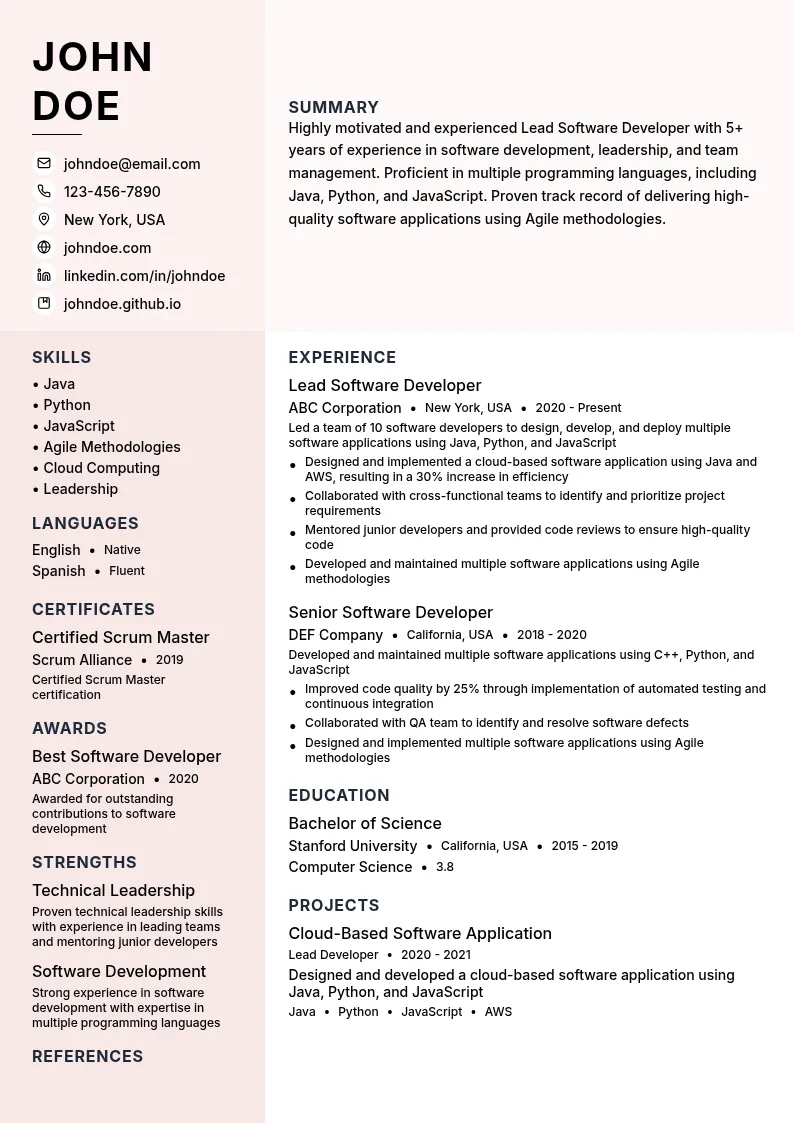 Lead Software Developer resume example