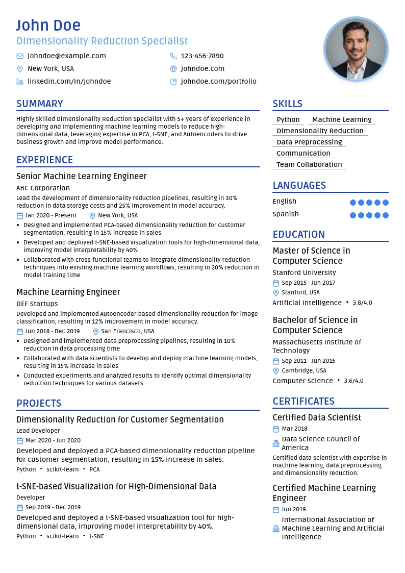 Dimensionality Reduction Specialist resume example