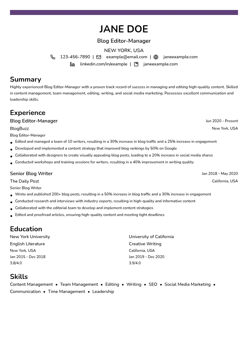 Blog Editor-Manager resume example