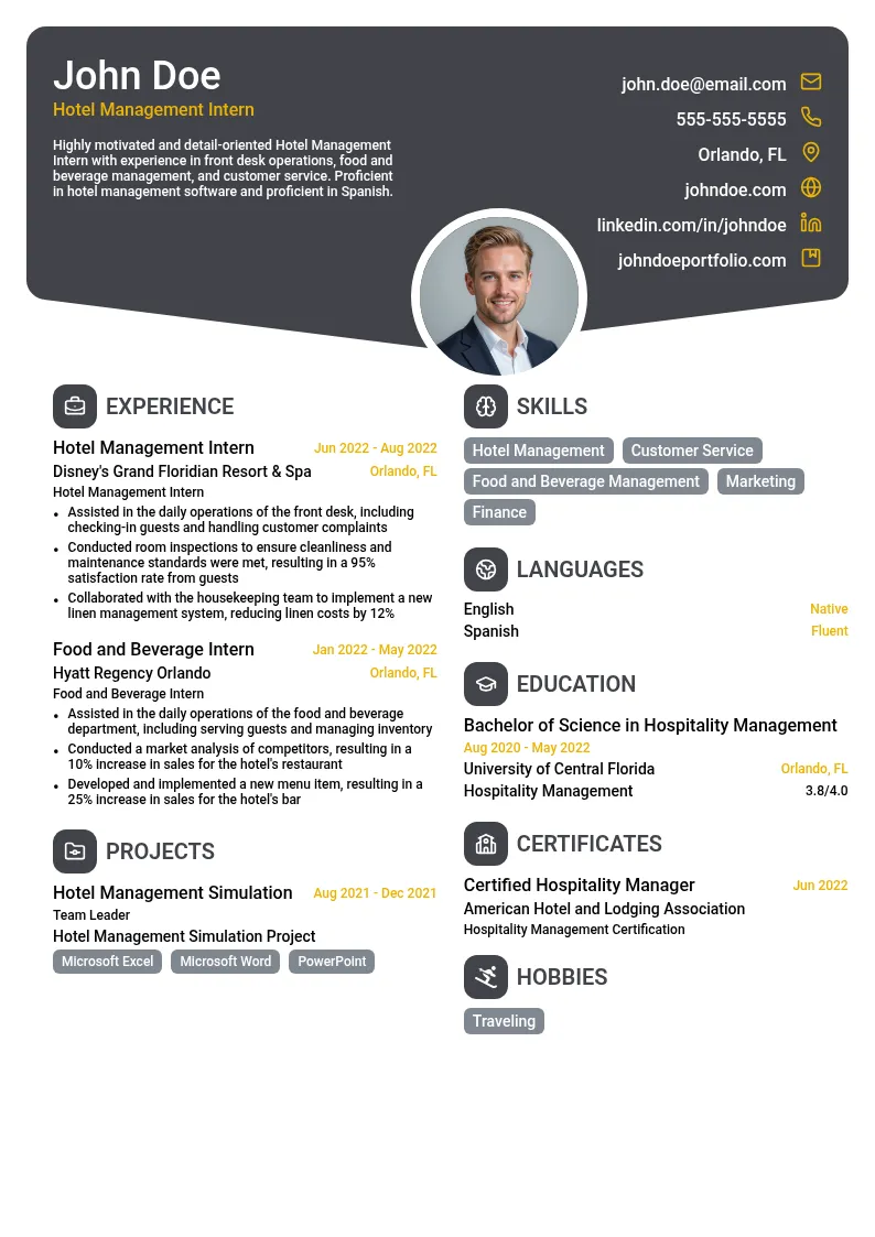 Hotel Management Intern resume example