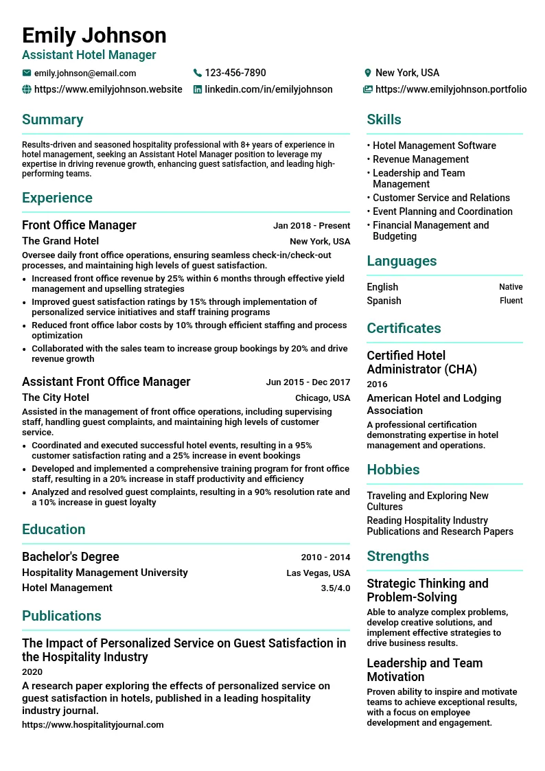 Assistant Hotel Manager resume example