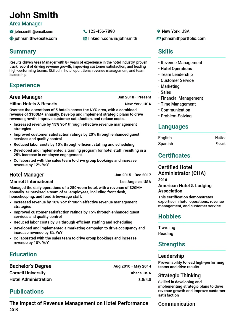 Area Manager resume example