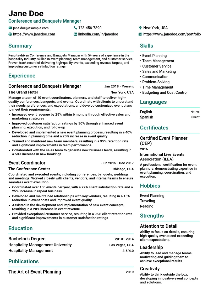 Conference and Banquets Manager resume example