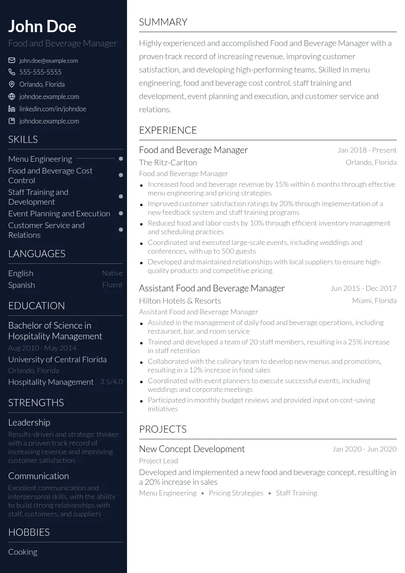 Food and Beverage Manager resume example