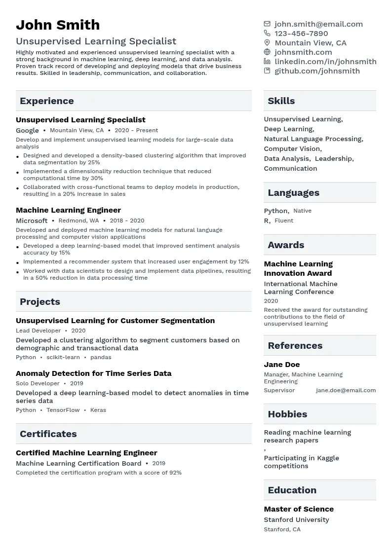 Unsupervised Learning Specialist resume example