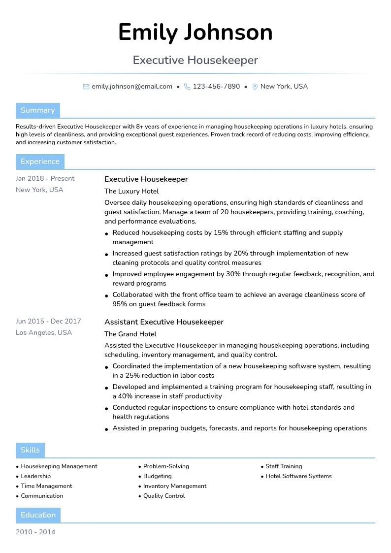 Executive Housekeeper resume example