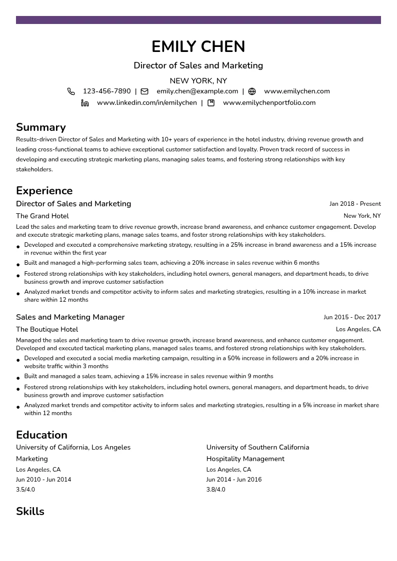 Director of Sales and Marketing resume example