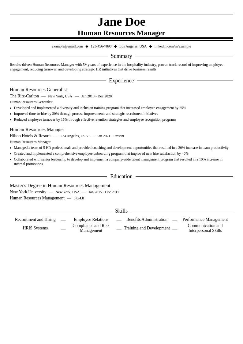 Human Resources Manager resume example