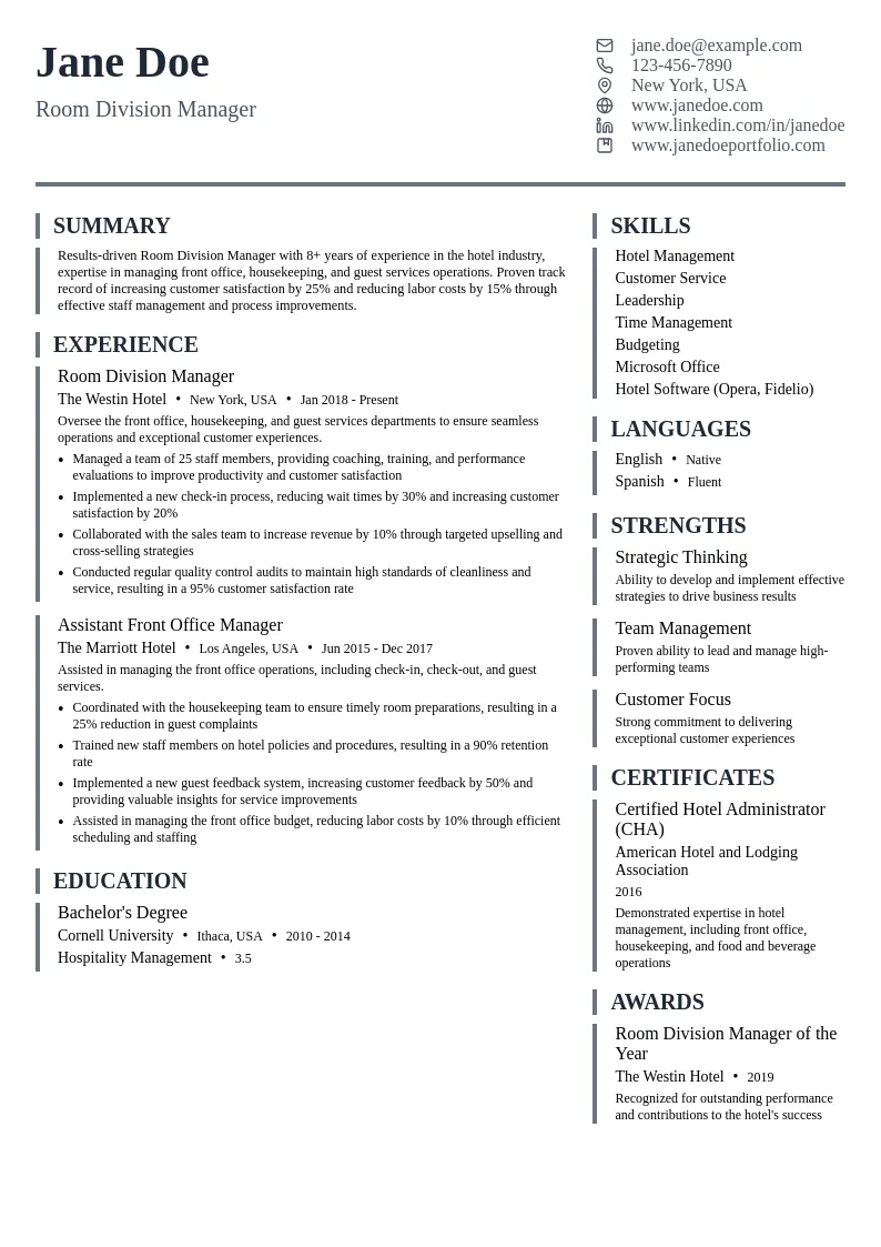 Room Division Manager resume example
