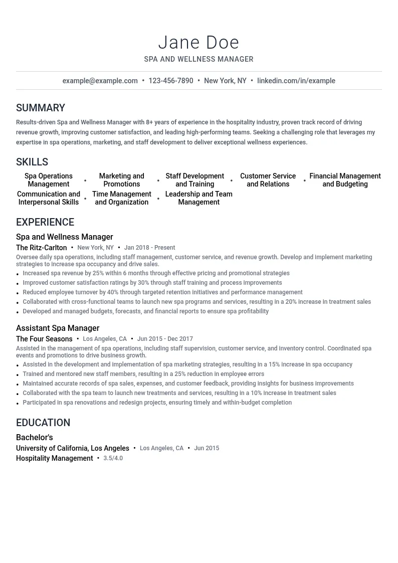 SPA and Wellness Manager resume example