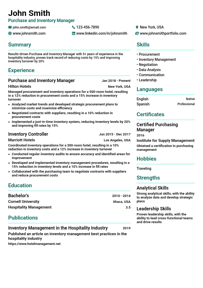 Purchase and Inventory Manager resume example