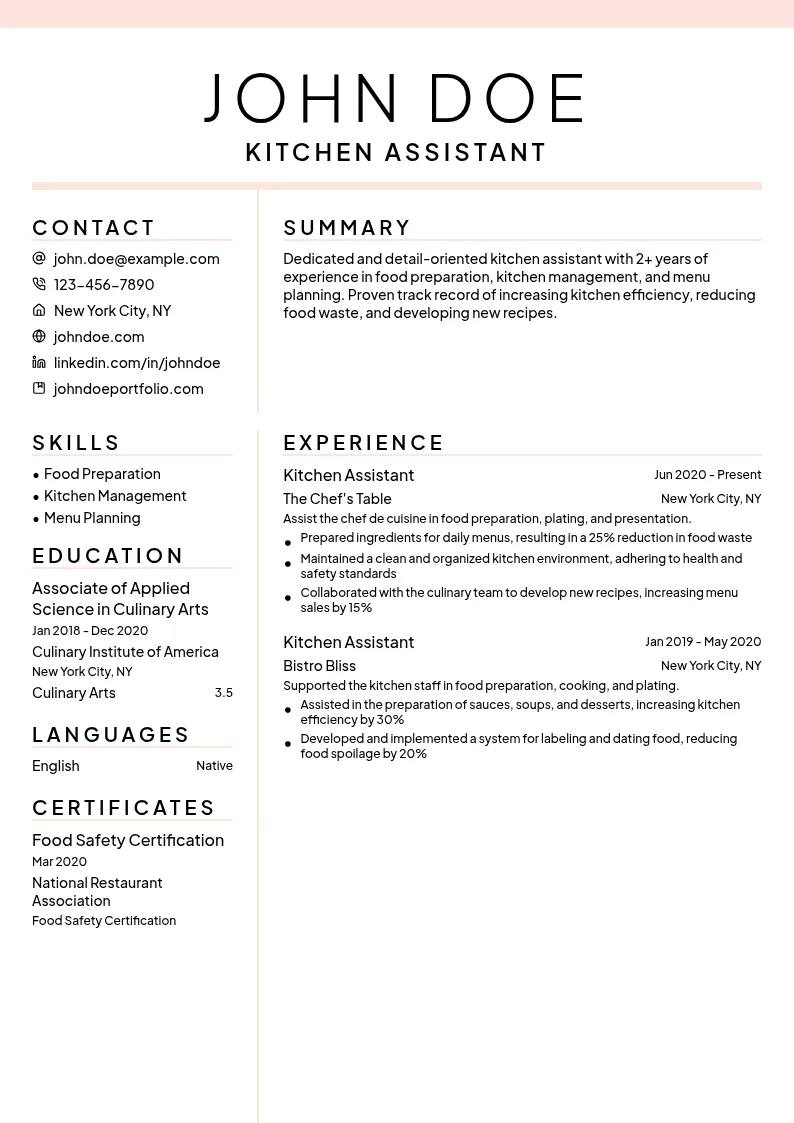 Kitchen Assistant resume example