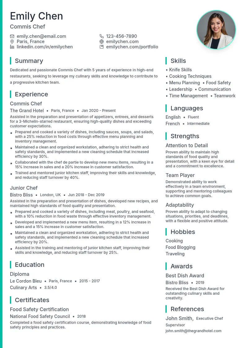 Commis Chef resume example