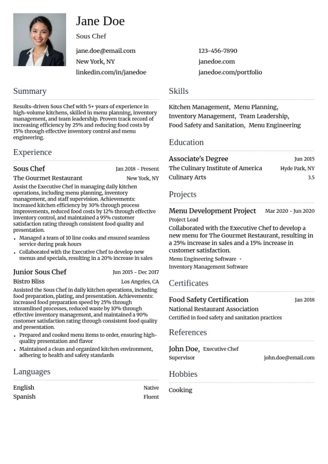 Sous Chef resume example