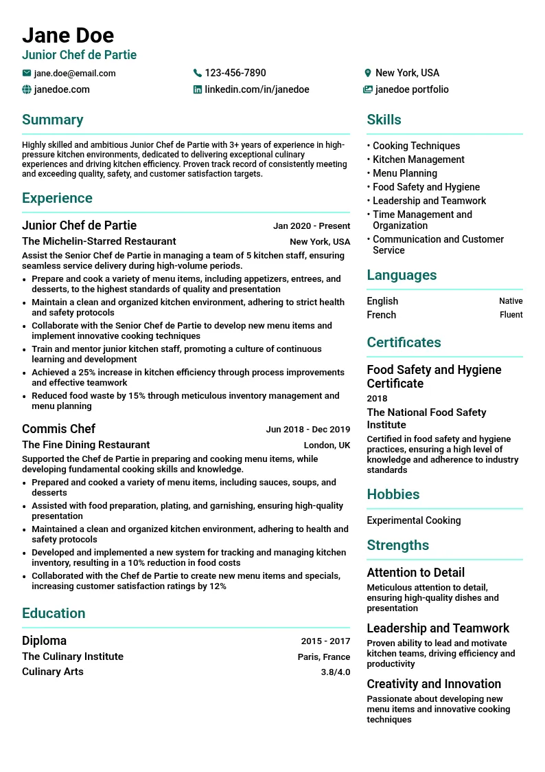 Junior Chef de Partie resume example