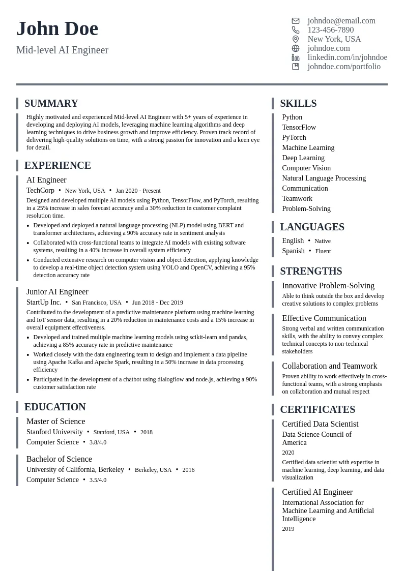 Mid-level AI Engineer resume example