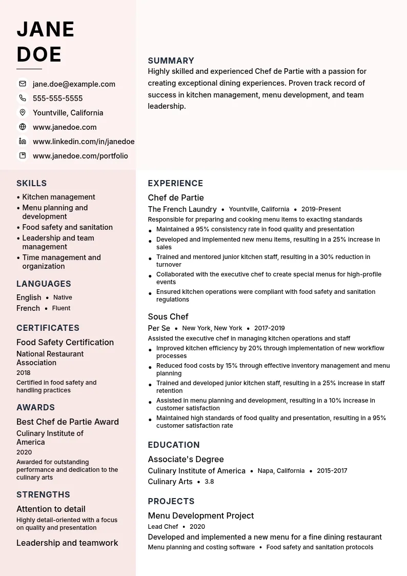 Chef de Partie resume example