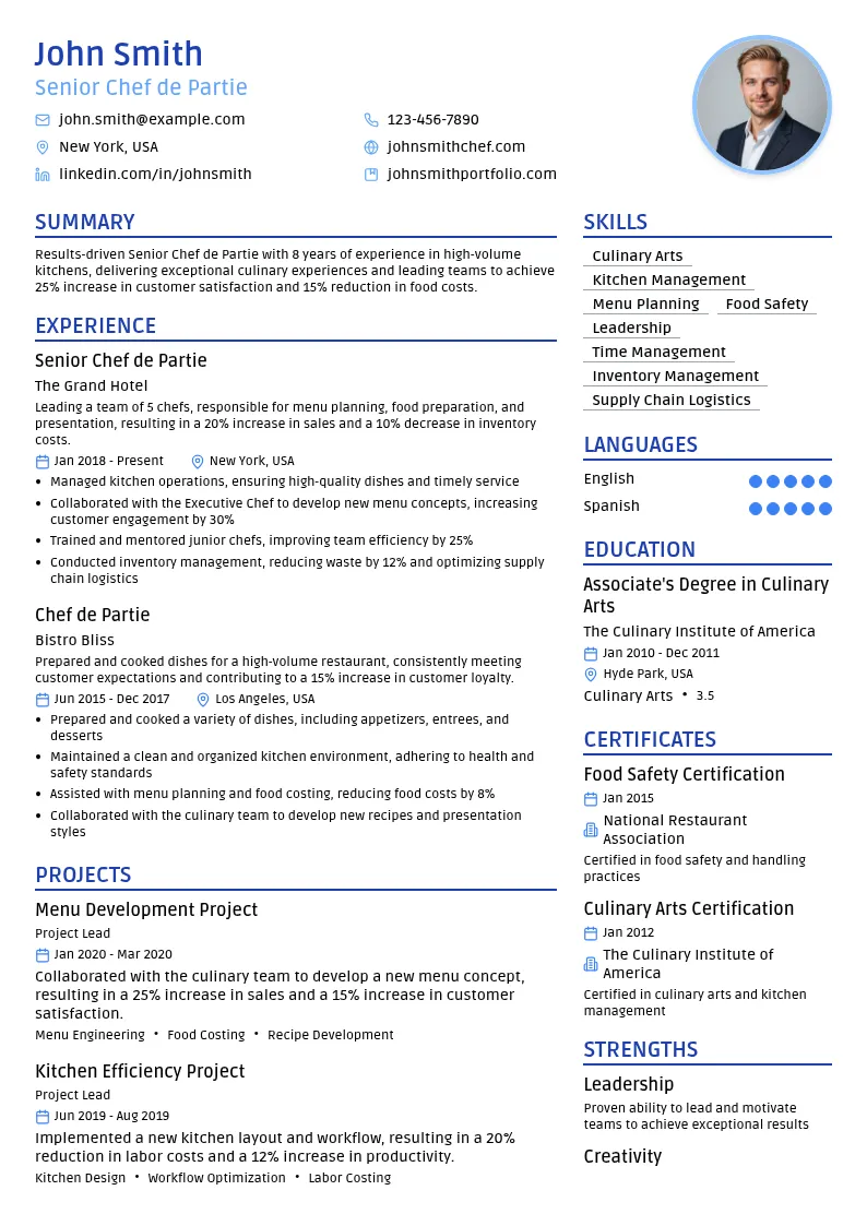 Senior Chef de Partie resume example