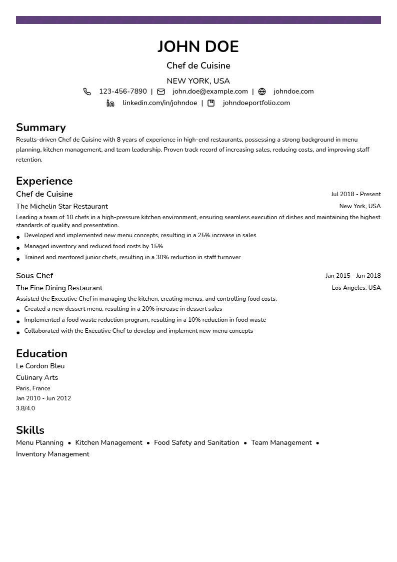 Chef de Cuisine resume example