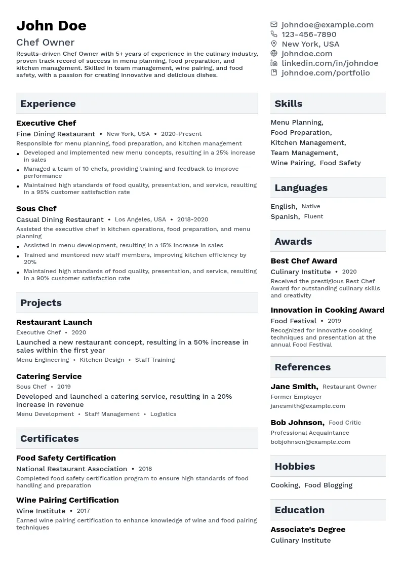 Chef Owner resume example