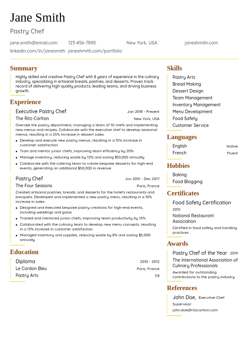 Pastry Chef resume example