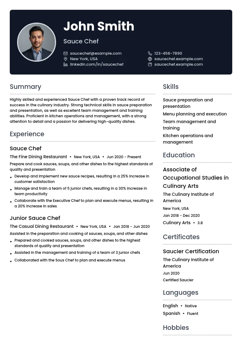 Sauce Chef resume example