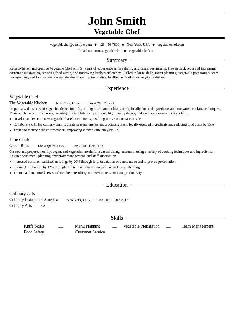Vegetable Chef resume example