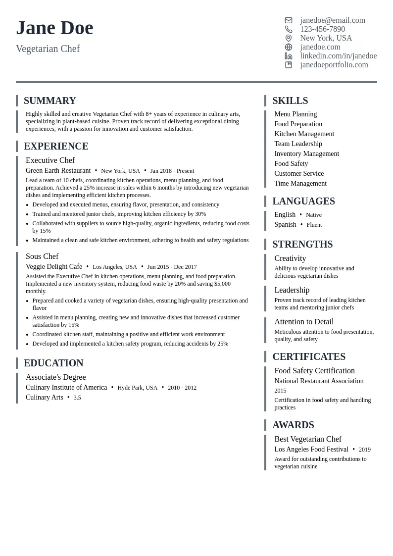 Vegetarian Chef resume example