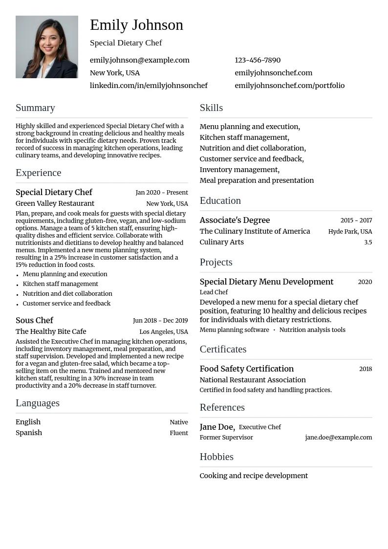 Special Dietary Chef resume example