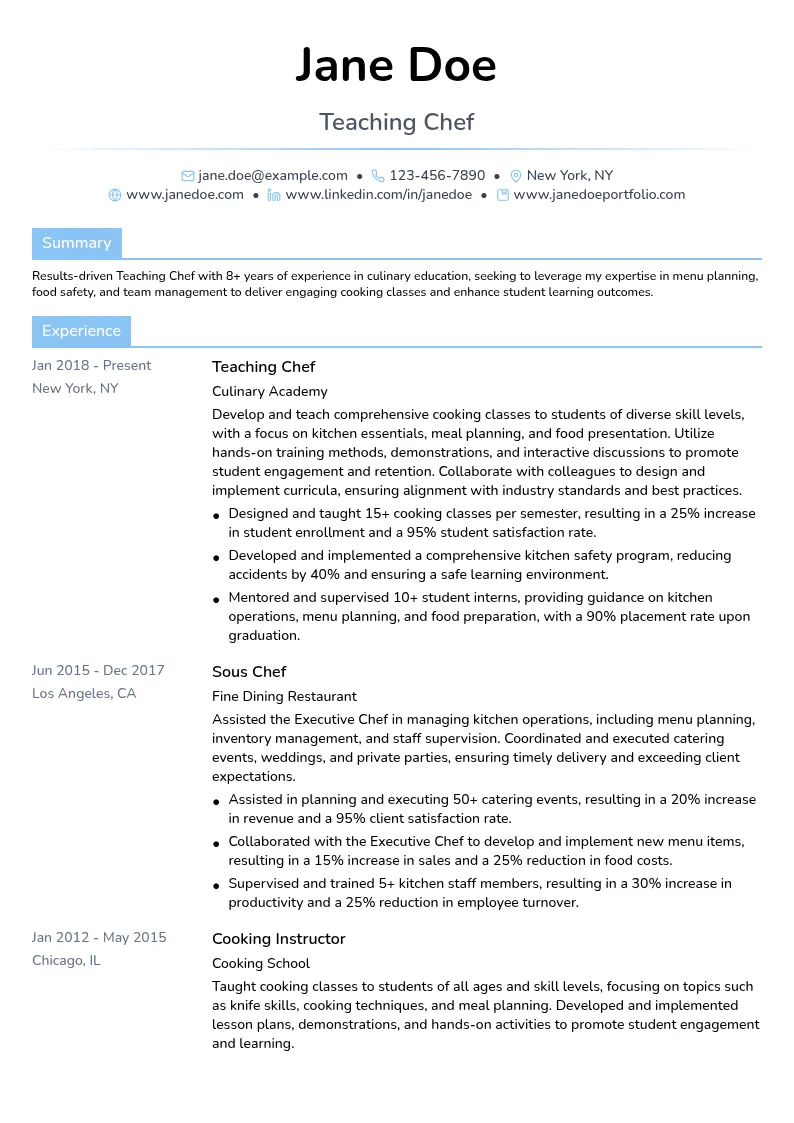 Teaching Chef resume example