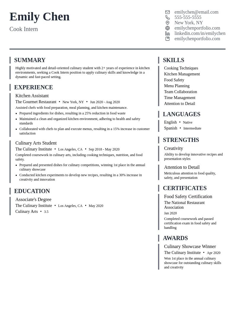 Cook Intern resume example