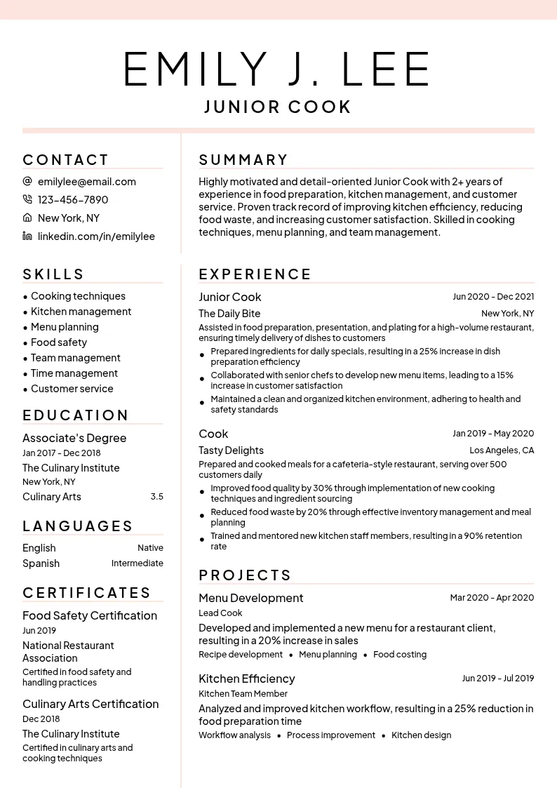 Junior Cook resume example
